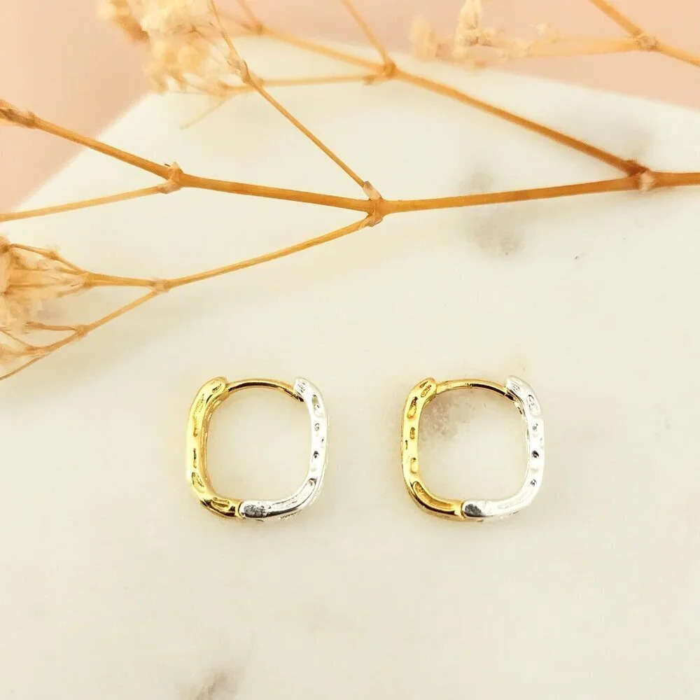 925 Sterling Silver Two Tone Earrings Gold & Silver Hoops Geometric Earrings - Picture 2 of 5